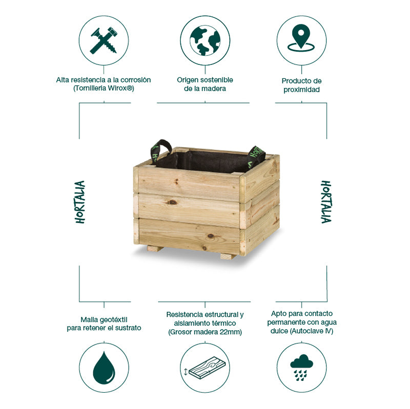 Jardinera cuadrada Pun de 40x40x30 cm, ideal para cultivar plantas en espacios exteriores. Capacidad de 32 litros.