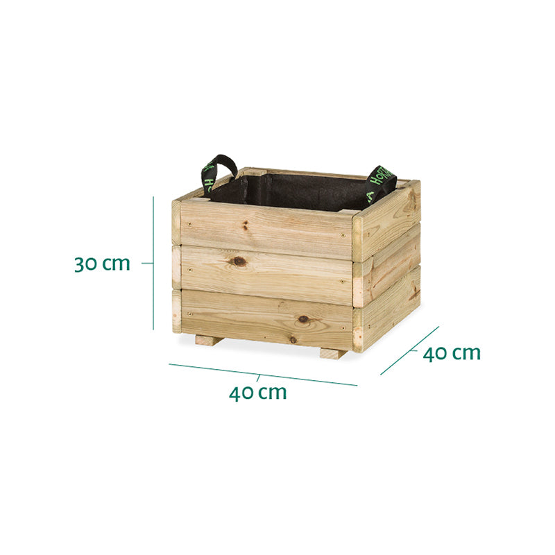 Jardinera cuadrada Pun KD de 40x40x30 cm, ideal para cultivar plantas en espacios reducidos. Capacidad de 32 litros.