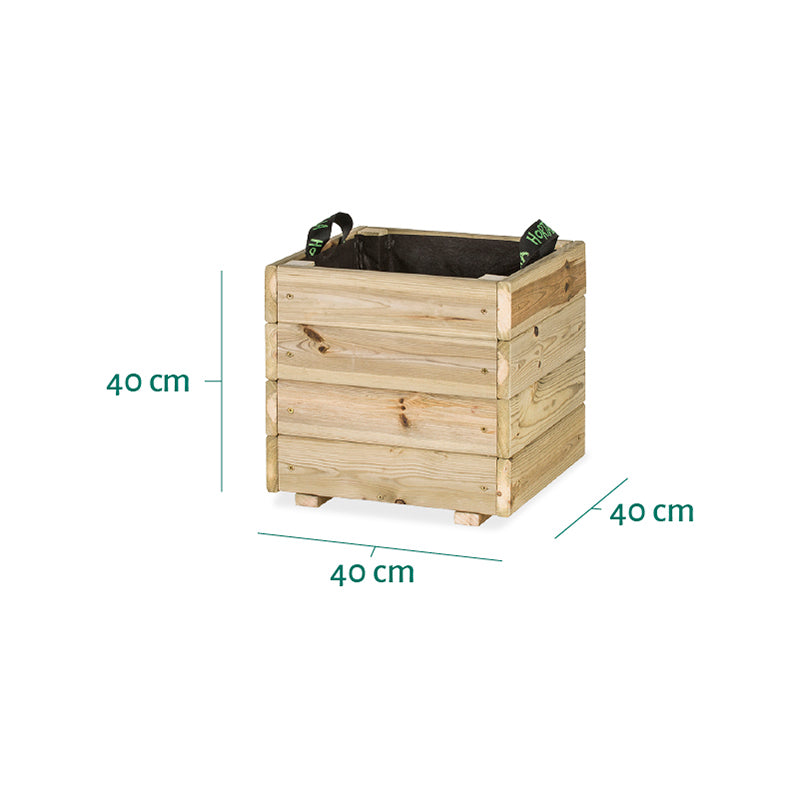 Jardinera cuadrada Pun KD de 40x40x40 cm, ideal para cultivar plantas en espacios exteriores.