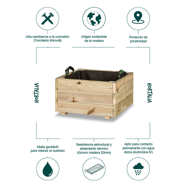 Jardinera cuadrada Pun de 50x50x30 cm, ideal para cultivar plantas en espacios exteriores. Capacidad de 52 litros.