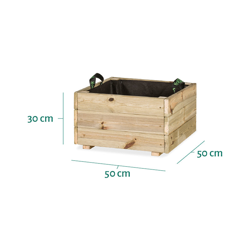 Jardinera cuadrada Pun KD de 50x50x30 cm, ideal para cultivar plantas en espacios exteriores.