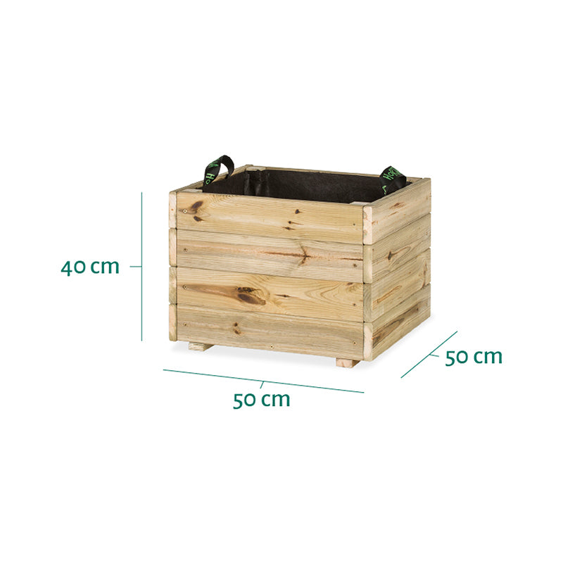 Jardinera cuadrada Pun KD de 50x50x40 cm, ideal para jardinería con capacidad de 70 litros.