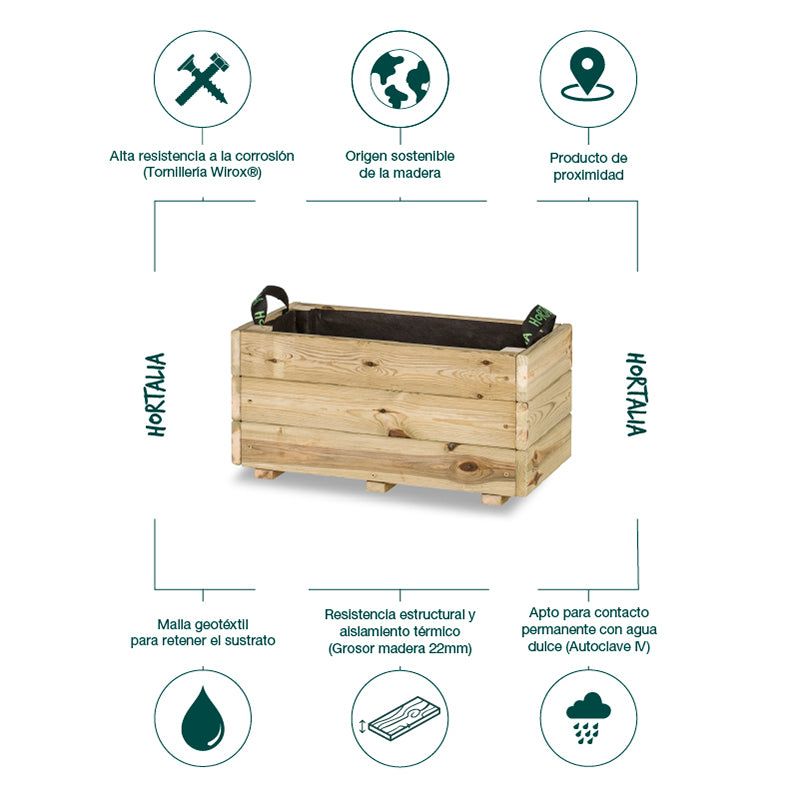 Jardinera rectangular Ghio de 60x30x30 cm, ideal para cultivo de plantas en espacios exteriores.
