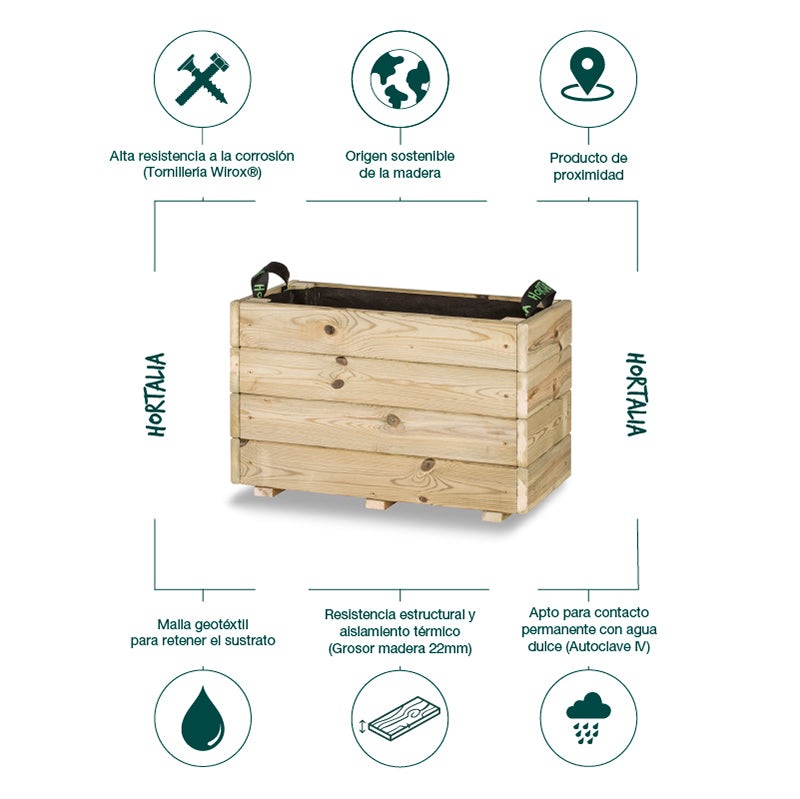 Jardinera rectangular Ghio de 60x30x40 cm, ideal para cultivar plantas y flores en espacios exteriores.