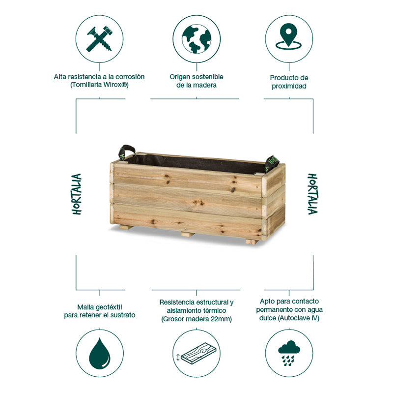 Jardinera rectangular Ghio de 70x30x30 cm, ideal para cultivar plantas en espacios exteriores.