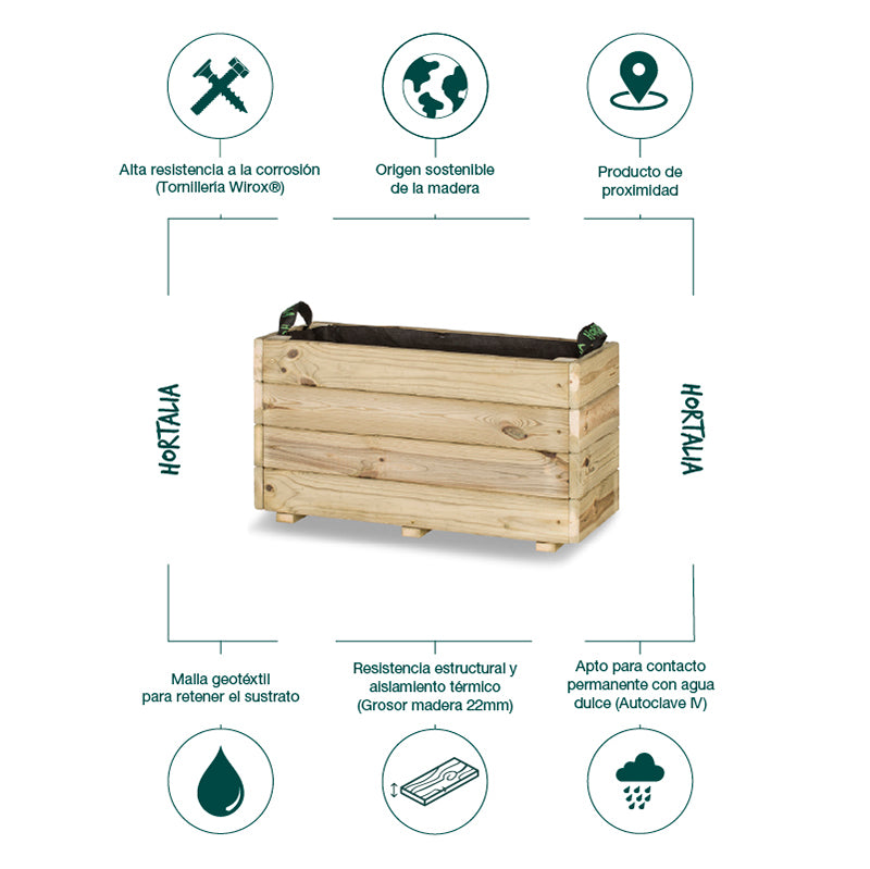 Jardinera rectangular Ghio de 70x30x40 cm, ideal para cultivar plantas en espacios exteriores. Capacidad de 56 litros.