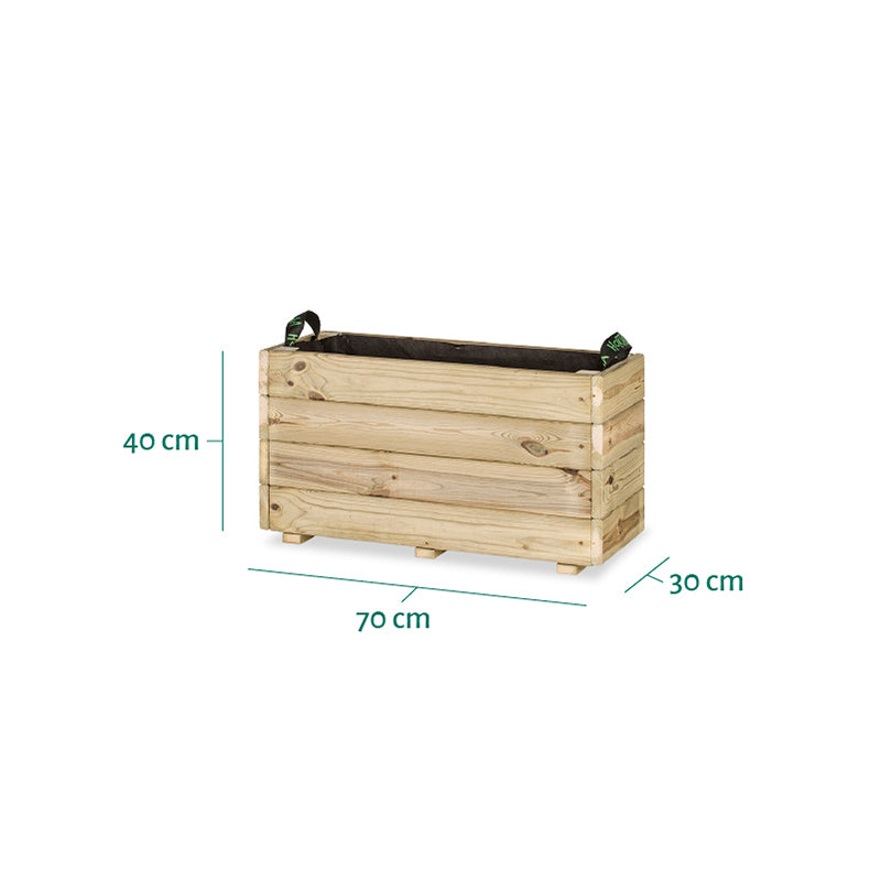 Jardinera rectangular Ghio de 70x30x40 cm, ideal para cultivo de plantas y flores en espacios exteriores.