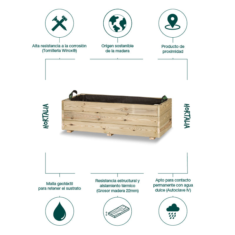 Jardinera rectangular Ghio de 90x40x30 cm, ideal para el cultivo de plantas y flores en espacios exteriores.