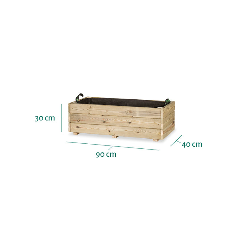 Jardinera rectangular Ghio KD de 90x40x30 cm, ideal para cultivo de plantas y flores en espacios exteriores.