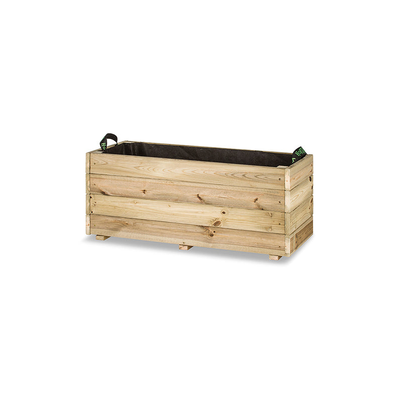 Jardinera rectangular Ghio de 90x40x40 cm, ideal para cultivo de plantas y flores en espacios exteriores.