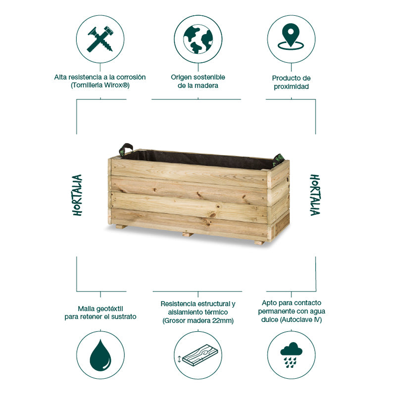 Jardinera rectangular Ghio de 90x40x40 cm, ideal para cultivo y decoración de espacios exteriores.