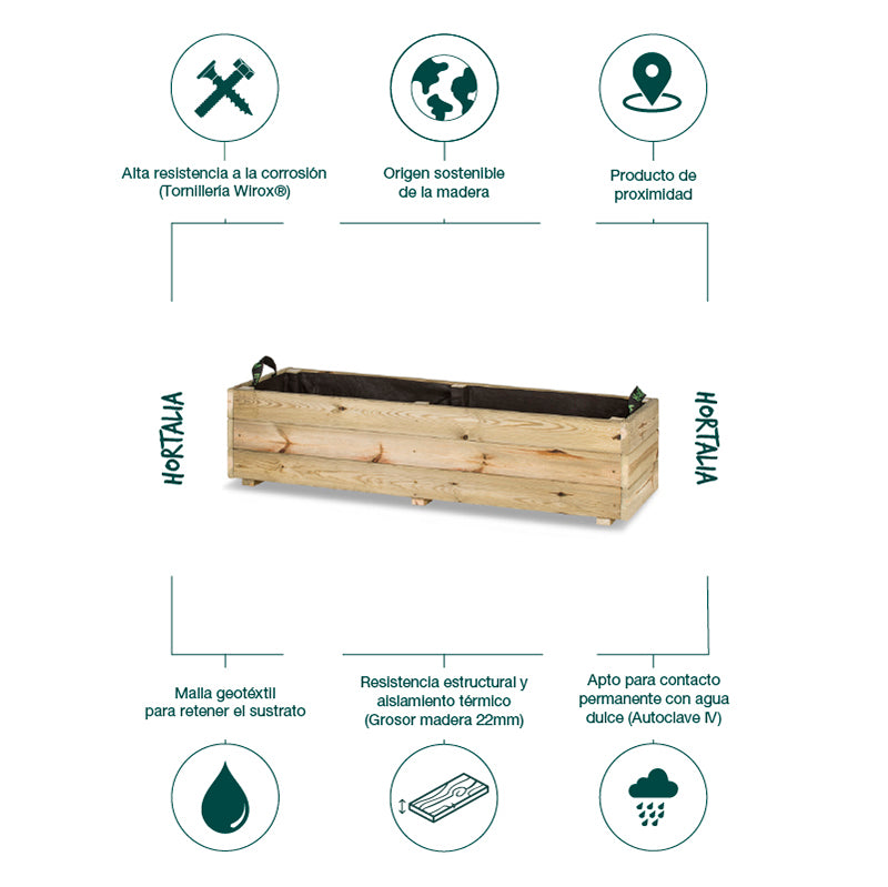 Jardinera rectangular Ghio de 120x40x30 cm, ideal para jardinería y horticultura. Capacidad de 102 litros.