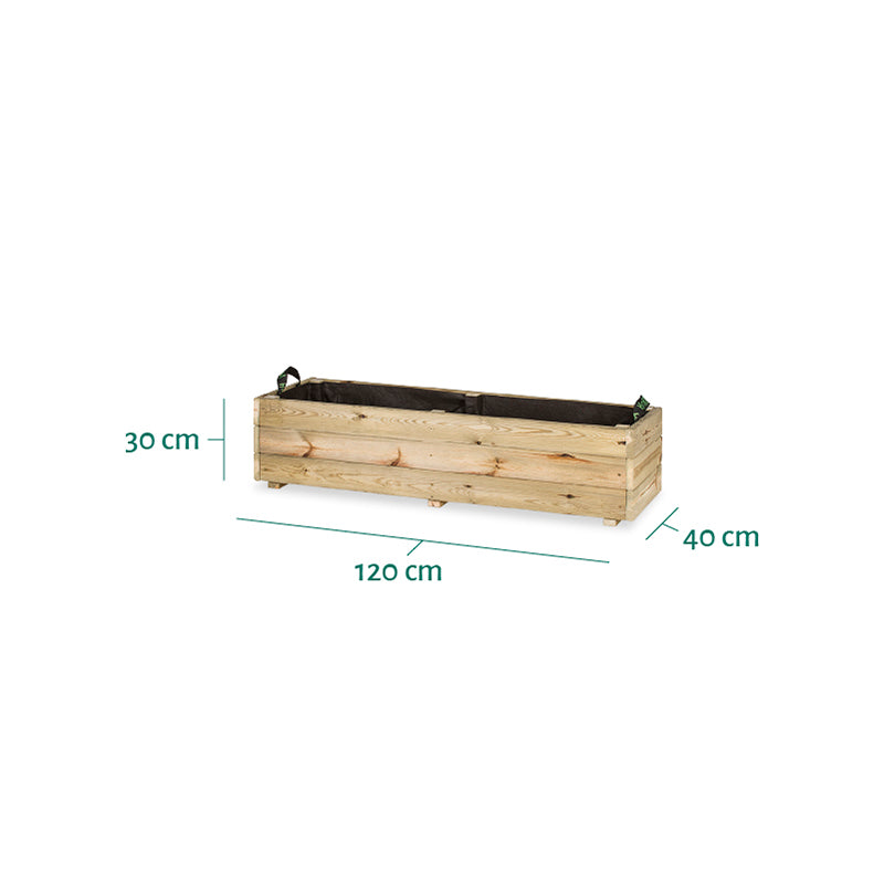 Jardinera rectangular Ghio KD de 120x40x30 cm, ideal para jardinería y horticultura. Capacidad de 102 litros.