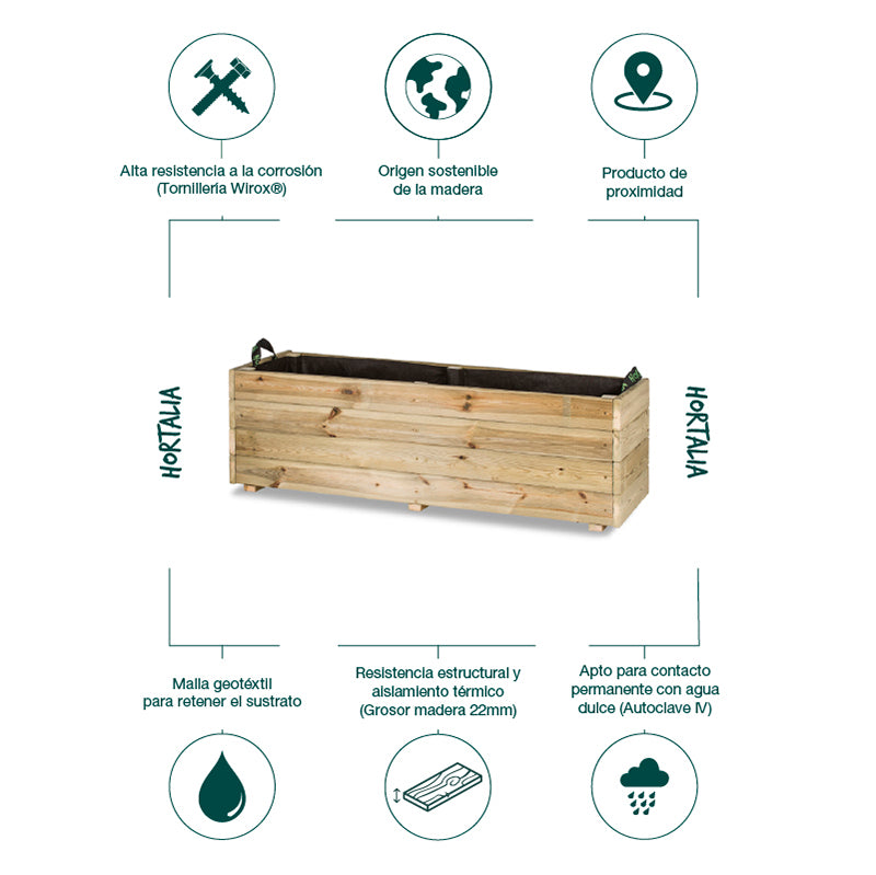 Jardinera rectangular Ghio de 120x40x40 cm, ideal para jardinería y horticultura, con capacidad de 140 litros.