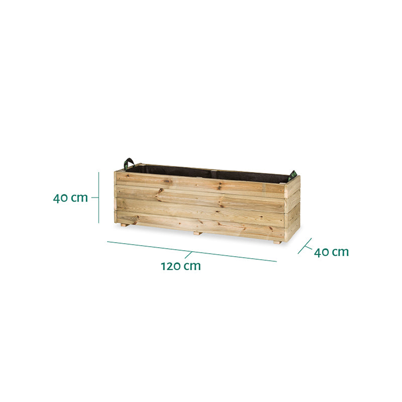 Jardinera rectangular Ghio de 120x40x40 cm, ideal para jardinería y horticultura, con capacidad de 140 litros.